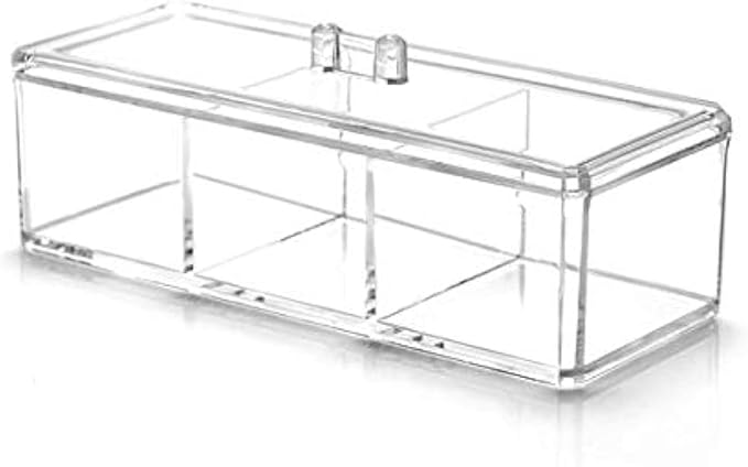 KW Collection Square Acrylic Cotton Ball Pads Gauze Swab Holder Organizer Q-tip Dispenser Storage Canister Bathroom Container Flossers Box Case (9.3x3.7x3 in, 1 Tier, 3 Partitions, Transparent)