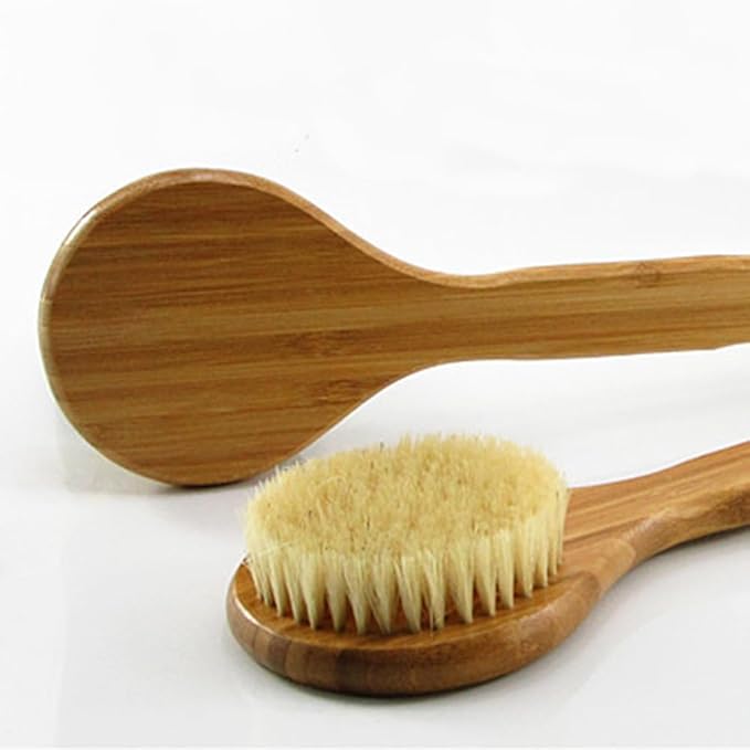 HiKin 12.6" Long Handle Dry Bath Body Brush Back Scrubber, Bamboo Handle Bath Shower Brush Scrubber with Natural Boar Bristles, Good for Detox, Exfoliating, Cellulite, Blood Circulation, etc.