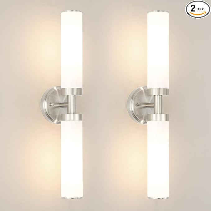 Brushed Nickel Wall Sconces Set of 2, Modern Bathroom Vanity Lights for Mirror, Wall Light Fixtures with Milk Glass for Bathroom, Bedroom, Hallway, E26 Base, Bulbs Required, 22.05 Inch