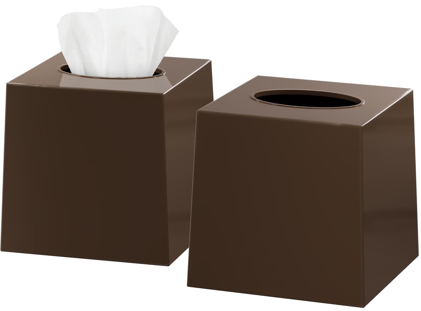 DWËLLZA HOMË Brown Tissue Box Cover Square - Plastic Facial Tissue Box Holder Set of 2 - Cube Tissue Holder Dispensers Fit Any Vanity Countertop, Bedroom Dresser, Office Desk or Brown Bathroom Decor