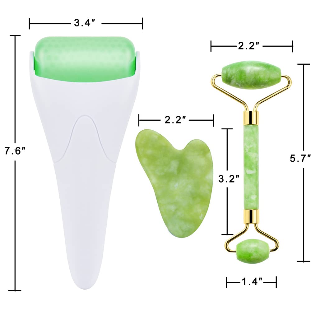 AECW 3-in-1 Natural Jade Roller and Gua Sha Set for Face and Eye Ice Roller Facial Cooling Massage Roller (White Ice Roller + Jade Roller + Gua Sha)