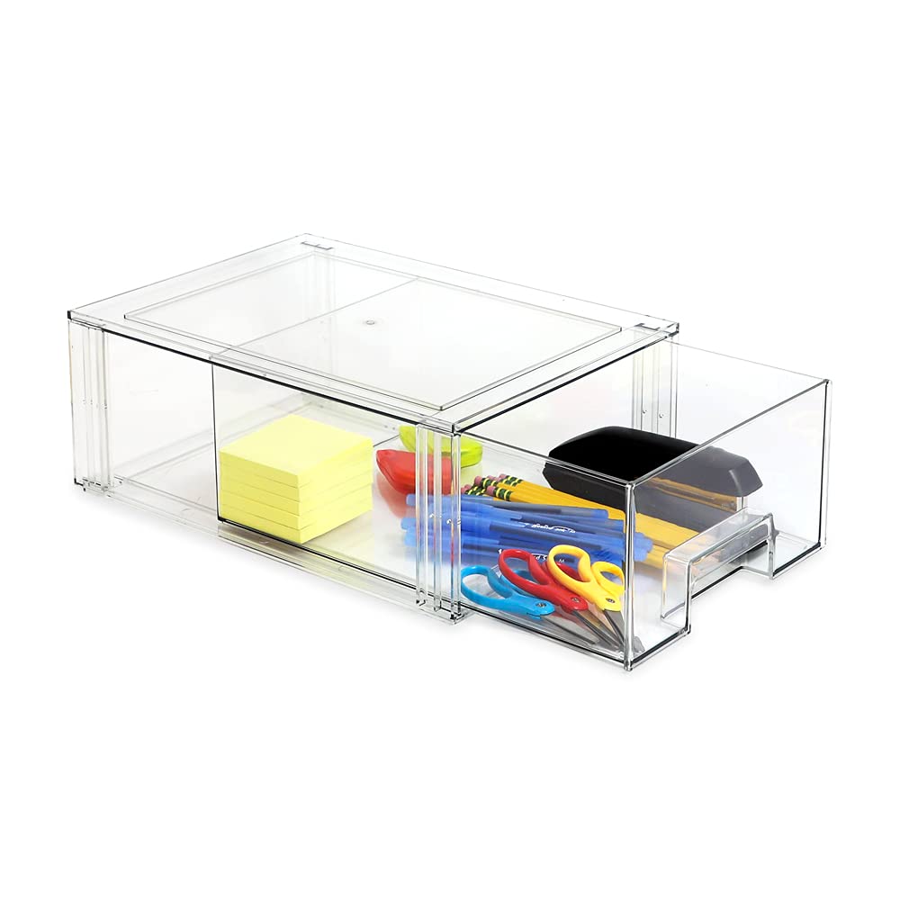 Isaac Jacobs Stackable Organizer Drawer Set (1 Medium, 1 Large), Clear Plastic Storage Boxes, Pull-Out Bins, Home, Office, Closet, Shoes, BPA-Free, Food/Fridge/Freezer Safe (1 Medium, 1 Large)