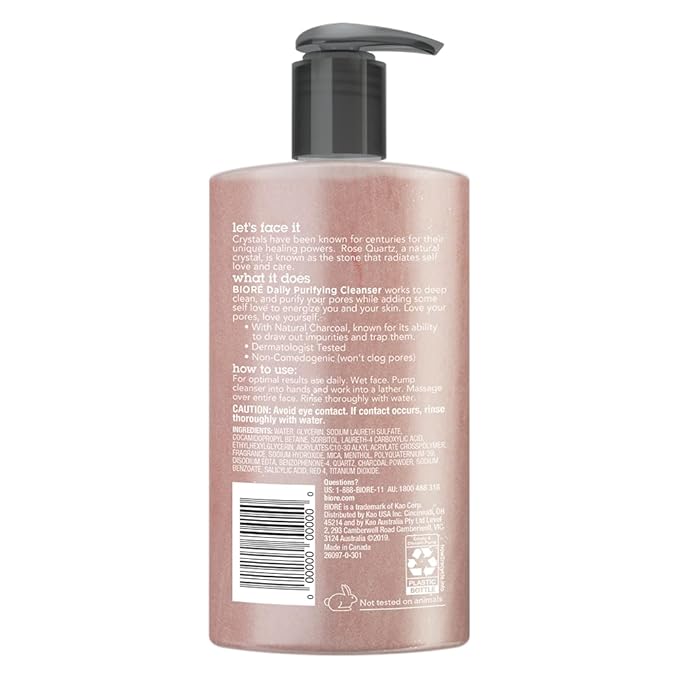 Bioré Rose Quartz + Charcoal Daily Purifying Cleanser,Oil Free Facial Cleanser Energizes Skin,Dermatologist Tested and Cruelty Free,6.77 oz,(Pack of 2)