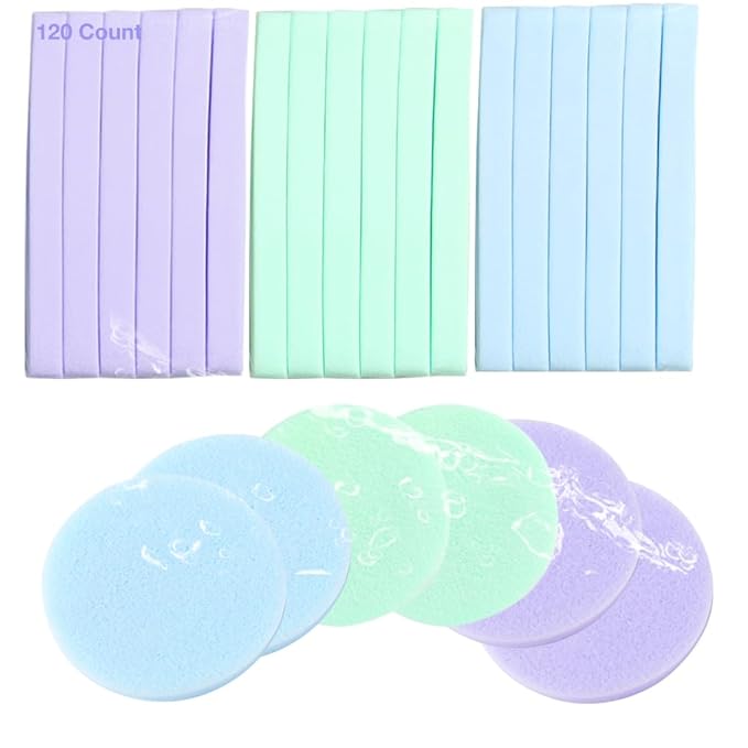Facial Sponge Compressed,120 Count PVA Professional Makeup Removal Round Face Wash Sponges Spa Pads Exfoliating Cleansing for Women,Blue,Purple,Green