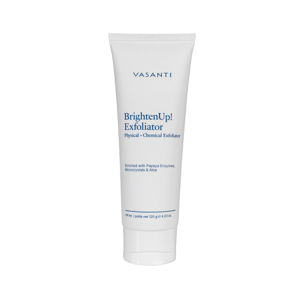 VASANTI BrightenUp! Exfoliator (120g) | Physical + Chemical Facial Exfoliator Scrub with Instant Results for Soft, Smooth and Radiant Skin | Enriched with Papaya, Microcrystals and Aloe | 99% Natural
