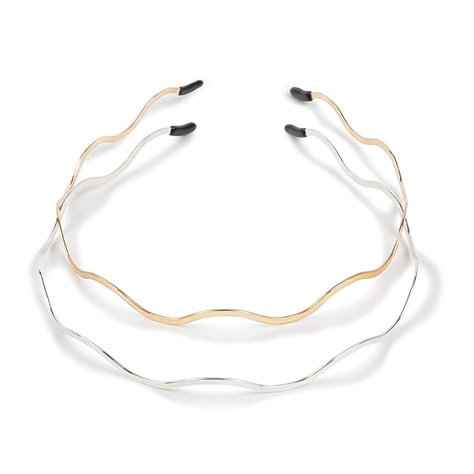 Metal Headbands for Women - Trendy & Cute Gold and Silver Designer Hair Accessories: Elastic Hair Bands for Teens & Women (2PCS)