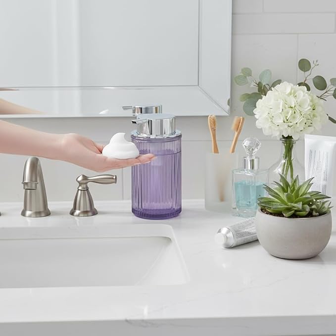 Tonxus Foaming Soap Dispenser, 12 Oz Purple Glass Foam Hand Soap Dispenser, Refillable Glass Foam Pump Bottle Container Decorative Slim Ribbed Bottle for Bathroom and Kitchen