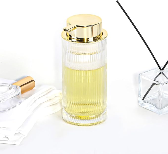 Tonxus 14 Oz Foaming Soap Dispenser, Clear Glass Soap Dispenser, Refillable Foam Pump Bottle Lotion Container with Gold Pump, Decorative Slim Ribbed Bottle for Bathroom and Kitchen Decor