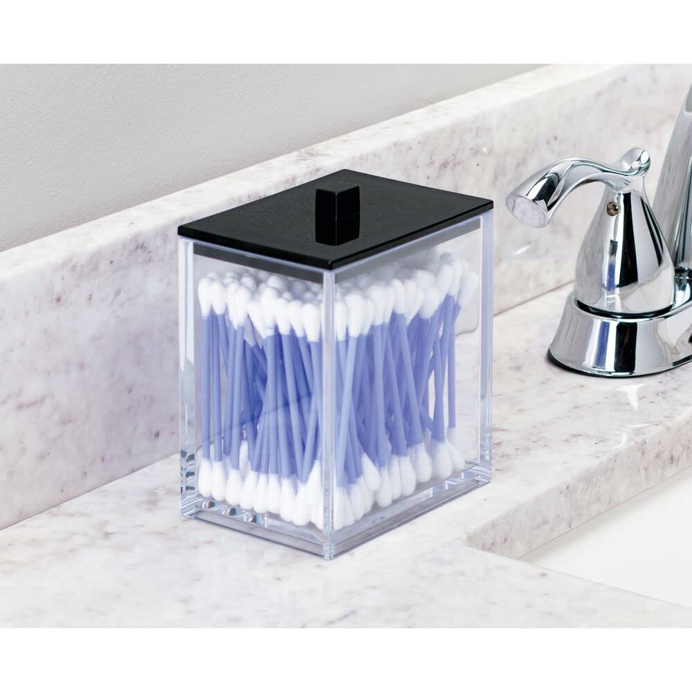 mDesign Plastic Rectangle Apothecary Canister - Organizer for Bathroom Vanity Countertop Shelf Decor - Holds Cotton Swabs, Soap, Makeup, Bath Salts - Lumiere Collection - 2 Pack - Clear/Black