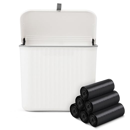 Sanitary Napkin Receptacle,White Plastic Wall Mounted Tampon Disposal Bin with Lid 10x9x6 inches Feminine Hygiene Trash Can for Women Bathroom Home Office Sanitary Waste(with 200pcs Trash Bag)