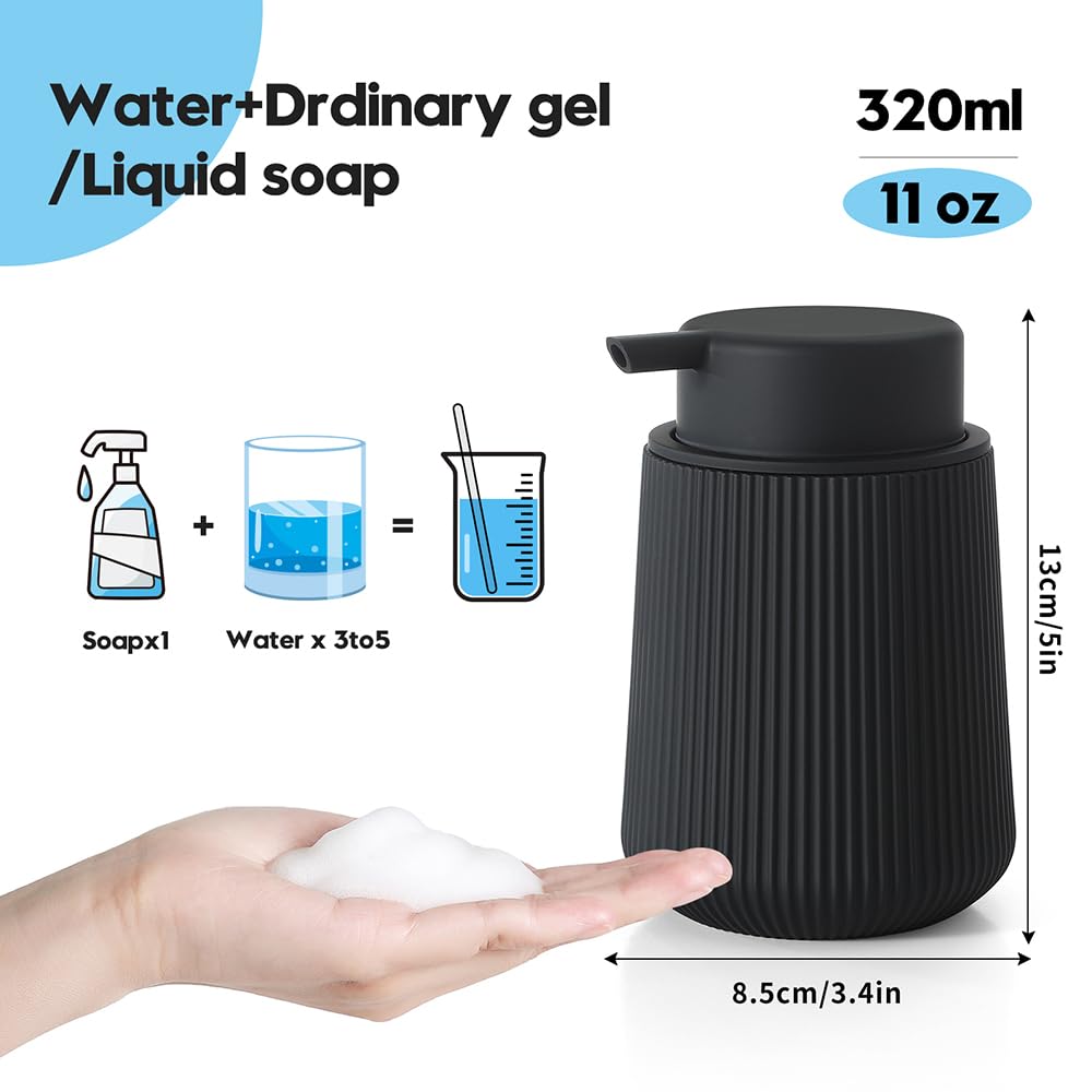 YAUKPH Striped Foaming Hand Soap Dispenser with Leak-Proof Pump for Bathroom and Kitchen Countertop 11oz Black