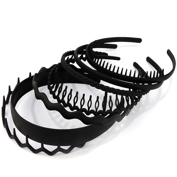 AHONEY 7 Pack Black Headbands for Women Mens Headbands with Teeth Non Slip Hairbands for Women's Hair Accessories Comb Headband Diademas Para Mujer (Black)