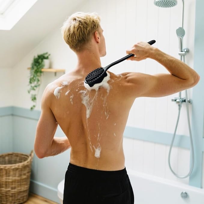 Silicone Back Scrubber for Shower Body Brush with Long Handle Double Sided Bath Exfoliating Massage Brushes Men Women (Grey)
