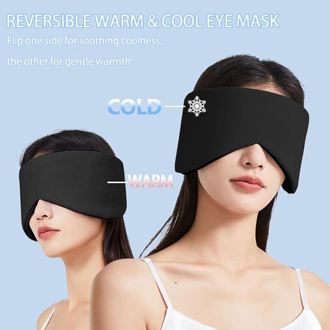 Vettres Reversible Warm & Cool Sleep Mask Wrap-Around Blackout Eye Masks for Side Sleepers Adjustable Unisex Eye Cover for Travel Office & Rest Black