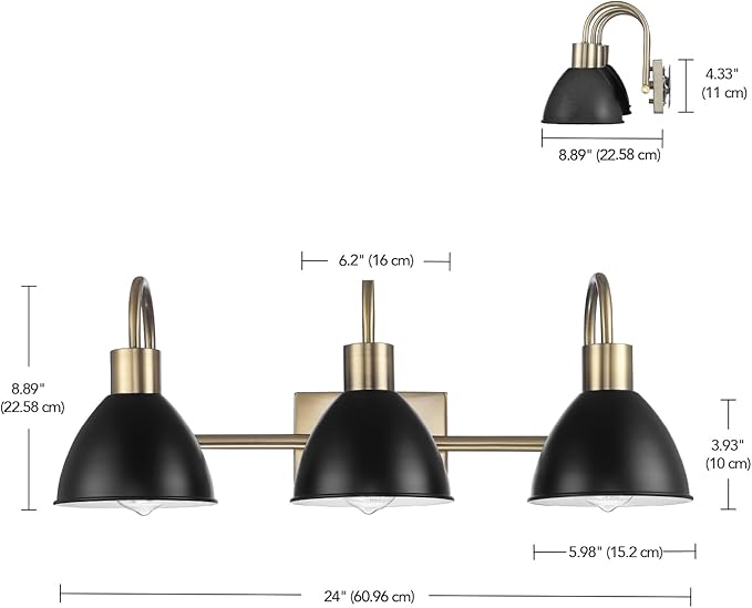 GLOBE Electric 63000058 5-Piece All-in-One Bathroom Accessory Set, Brass & Black, 3-Light Vanity Light, Towel Bar, Toilet Paper Holder, Towel Ring, Robe Hook, Bathroom Lights Over Mirror