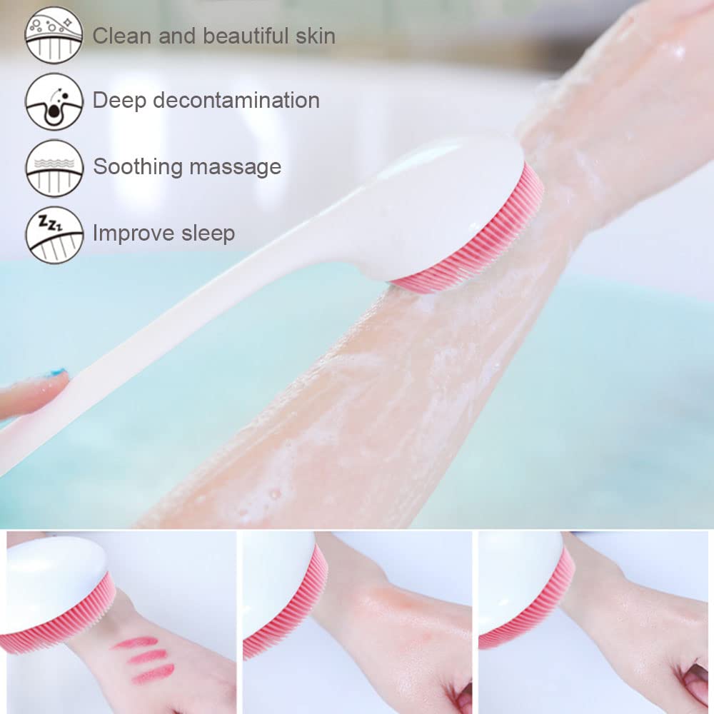 Silicone Back Scrubber for Shower, Back Washer Brush Long Handle with Soft Bristles, Bath Body Shower Exfoliator Brush for Men and Women, BPA Free, Non-Slip