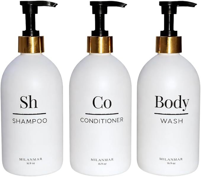 Milanmar Shampoo & Conditioner Shower Dispenser Set, Pearl White - Empty Matte Plastic Bottles, 16.9 oz Pump Containers, Luxury Bathroom Decor, 3 Pack for Spa, Airbnb [White-Gold]