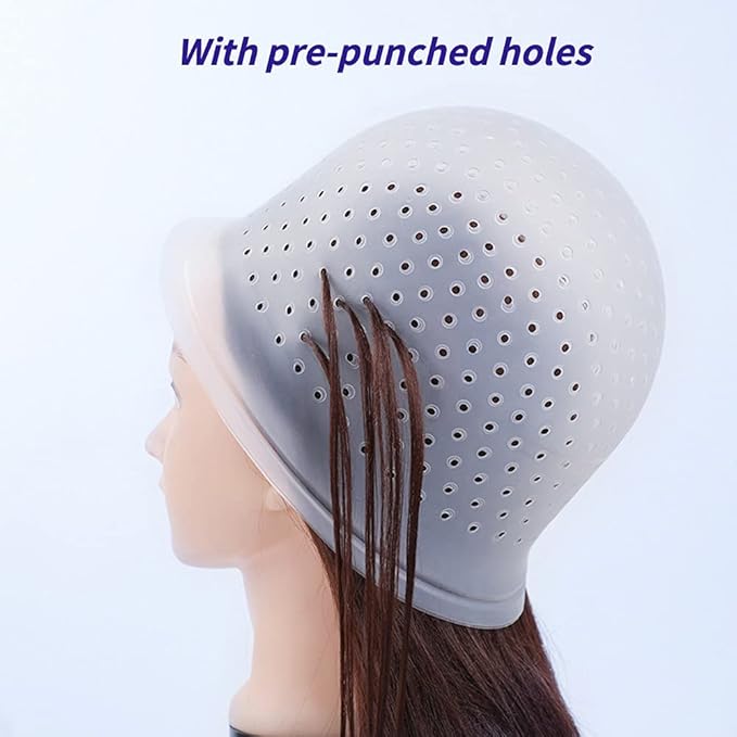 MILANGE Pre-punched Highlight Cap Sets (White and Purple) - Open Holes Reusable Silicone Hair Dye Caps with Hook for Professional Tipping and Home Salon Use