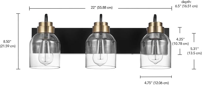 Globe Electric 22" 3-Light Matte Black Vanity Light with Matte Brass Accents and Glass Shades