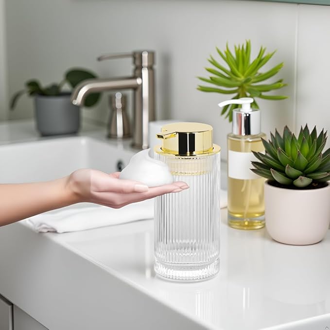 Tonxus 14 Oz Foaming Soap Dispenser, Clear Glass Soap Dispenser, Refillable Foam Pump Bottle Lotion Container with Gold Pump, Decorative Slim Ribbed Bottle for Bathroom and Kitchen Decor