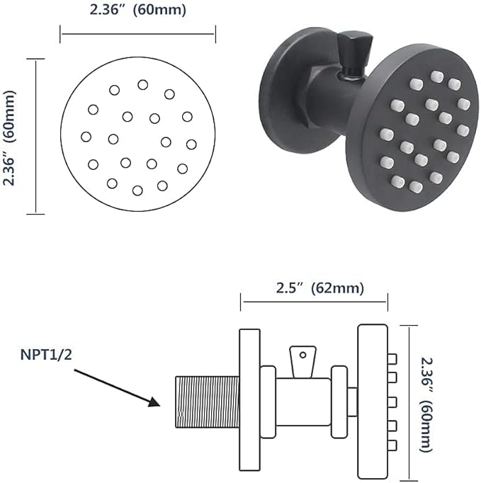 2-Inch Brass Shower Body Spray Jets with On Off Switch Round Showerhead Body Sprays Wall Mount Massage Spa Jet, 2-Function, Flow control and 360° rotation (Matte Black)
