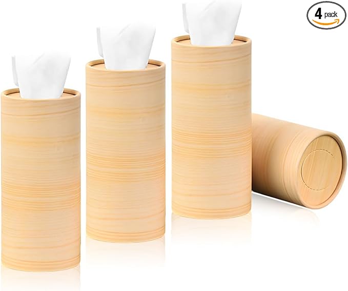 4 PCS Car Tissue Holder, Quick Convenient Refill Cylinder Facial Tissue Holder, Travel Tissues Box Round Container Suitable for Car Cup Holder, Universal Car Accessories (Wood)