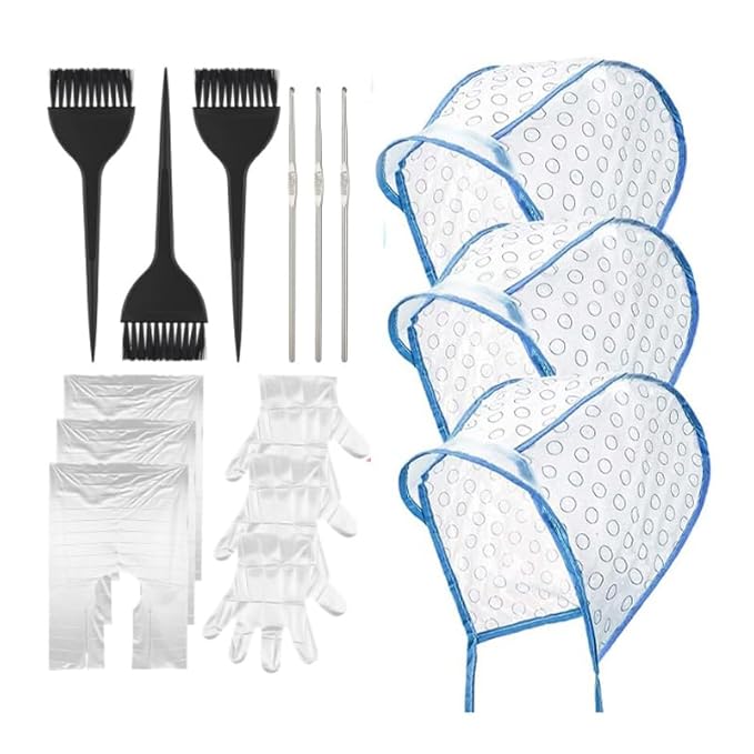 15 Pcs Hair Highlighting Cap Kit Hair Dye Caps with Dye Brushes Hair Highlighting Needles Crochet Hooks Dye Shawl Disposable gloves for Shawl Salon DIY Hairdressing(Blue)