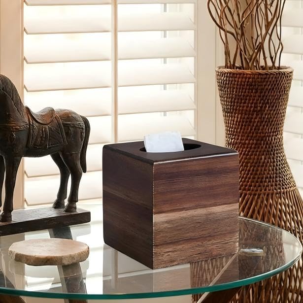 KALEKAIL Wood Tissue Box Cover， Acacia Wood Tissue Box Cover Square, Decorative Cube Facial Wooden Tissue Box Holder with Slide-Out Bottom for Bathroom, Bedroom, Dinner Table, Office, Kitchen