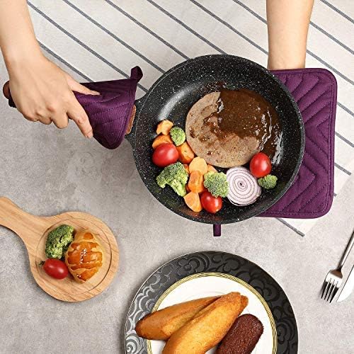 VEIKERY Oven Pot Holder with Pocket Cotton Heat Resistant Coaster Potholder Kitchen Hot Pad Oven Mitts for Cooking Square 7"x9"Set of 5 (Purple)
