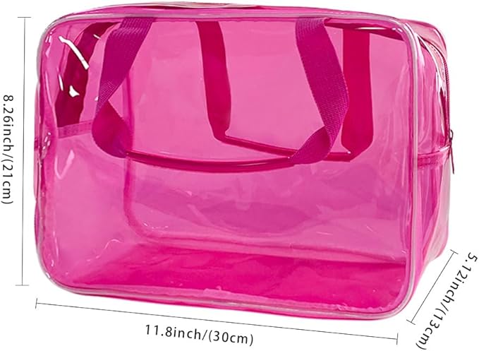 TotePrint PVC Clear Pure Color Transparent Large Zipper Cosmetic Pouch Travel Makeup Cosmetic Bag with Handle for Travel Bathroom Toiletry Organizer (Hot Pink)