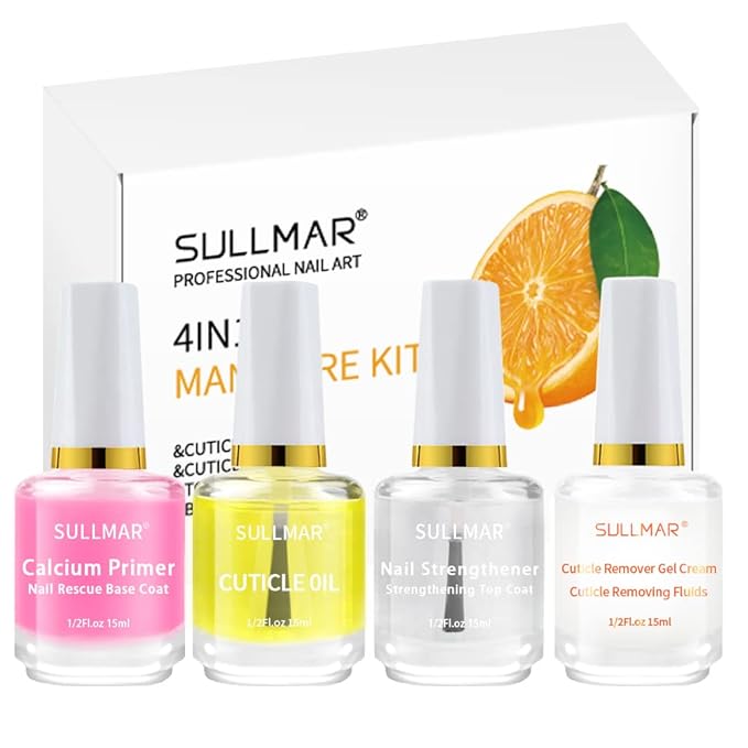 SULLMAR 4in1 Nail Hardener Nail Strengthener Nail Rescue Calcium Primer for Thin Nails Growth Nail Repair Nail Care Kit with Cuticle Oil Cuticle Remover Gel Cream