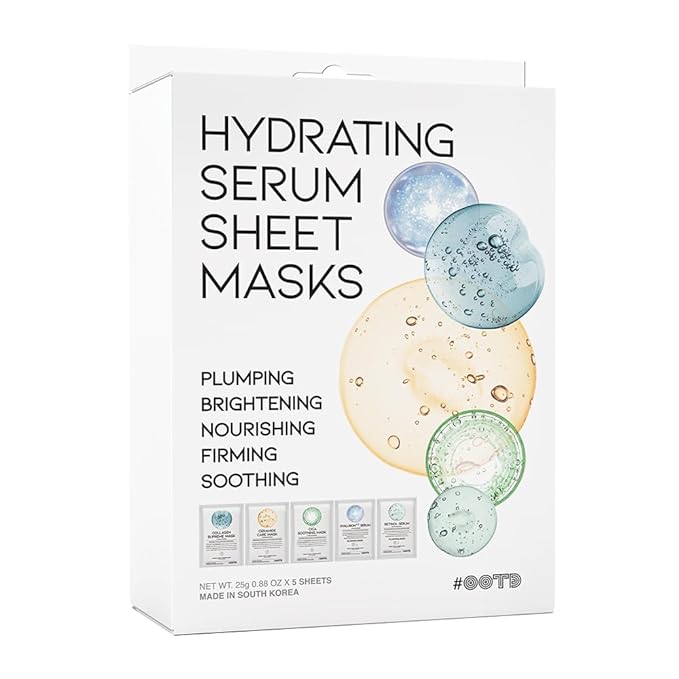 Hydrating Sheet Mask Starter Kit Variety Pack for Dry and Sensitive Skin, Korean Vegan Facial Sheet Mask for Men & Women, Collagen, Cica, Ceramide, Retinol (5-Count)