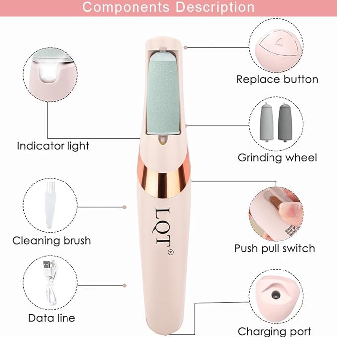 LQT® Electric Foot File – Rechargeable Callus Remover for Hard, Cracked Skin – At-Home Pedicure Kit for Smooth Feet (Men & Women) (Pink)