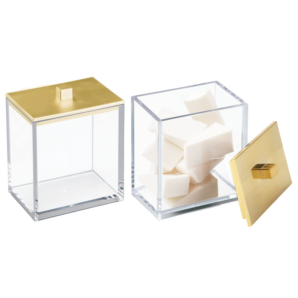 mDesign Plastic Rectangle Apothecary Canister - Organizer for Bathroom Vanity Countertop Shelf Decor - Holds Cotton Swabs, Soap, Makeup, Bath Salts - Lumiere Collection - 2 Pack - Clear/Gold
