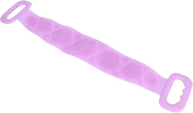 Silicone Back Scrubber Strap Double Sided Exfoliating Bath Shower Cleaning Belt Ergonomic Design for Men Women Kids Elderly Soft Dense Brush Hair Body Massage Tool (Purple)