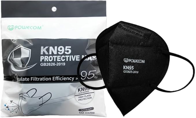 POWECOM KN95 Respirator Face Masks (10 Pack) | Black | Earloop Style
