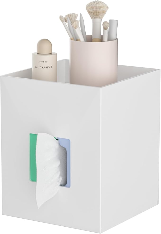 Hongtuocb White Acrylic Tissue Box Cover with Storage Tray,Square Acrylic Tissue Box Holder Napkin Dispenser for Bathroom Kitchen Home Office(White, 5.5x5.5x6.7)