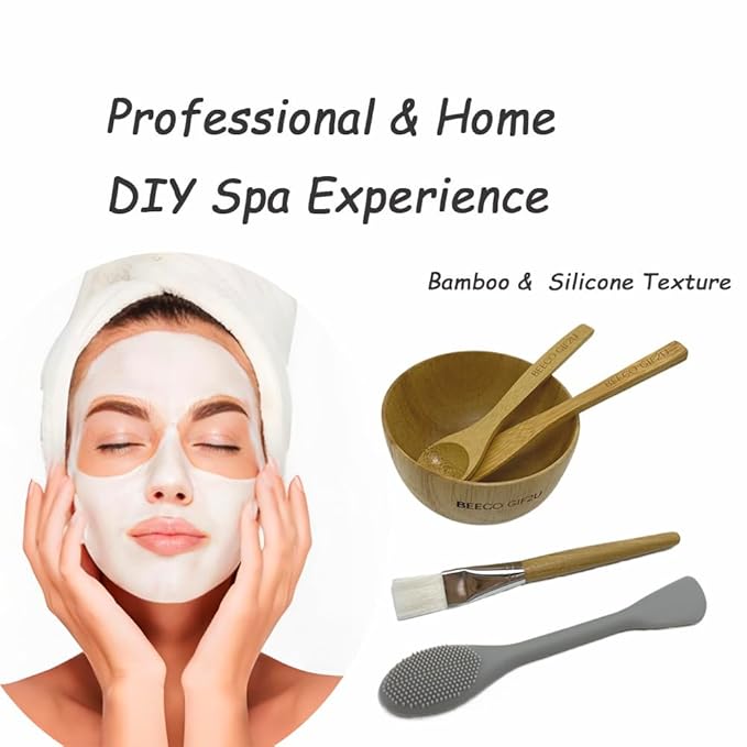 BEECO GIF2U Skincare Face Mask Mixing Bowl Set 6 Pack,Makeup Skin Care Products for Clay Mask,Home DIY Beauty & Personal Care Tools Kit Bamboo Bowl,Spatula,Spoon,Brush,Silicone Applicator,Headband