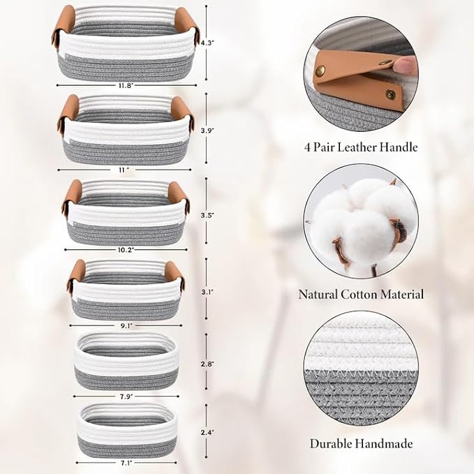 Storage Baskets for Organizing, Small Woven Basket Set of 6-4 Shelf Basket with Leather Handle and 2 Small Gift Baskets, Cotton Rope Basket for Shelves, Nursery, Dog Toy, Bathroom