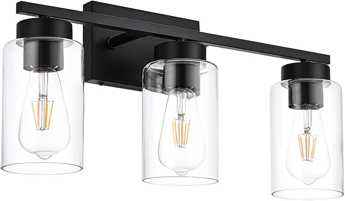 A1A9 3-Light Bathroom Vanity Light, Modern Black Wall Lights with Clear Glass Shades, Bathroom Wall Sconce Lamp for Mirror Living Room Bedroom Hallway