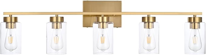A1A9 5 Light Bathroom Vanity Light Fixtures, Brushed Brass Modern Wall Lights with Clear Glass Shade, Vintage Wall Sconce Lighting for Living Room, Mirror, Bedroom, Hallway (Gold, 5-Lights)