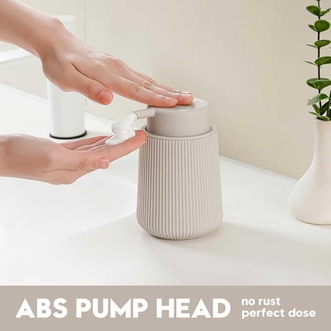 YAUKPH Striped Foaming Hand Soap Dispenser with Leak-Proof Pump for Bathroom and Kitchen Countertop 11oz Beige