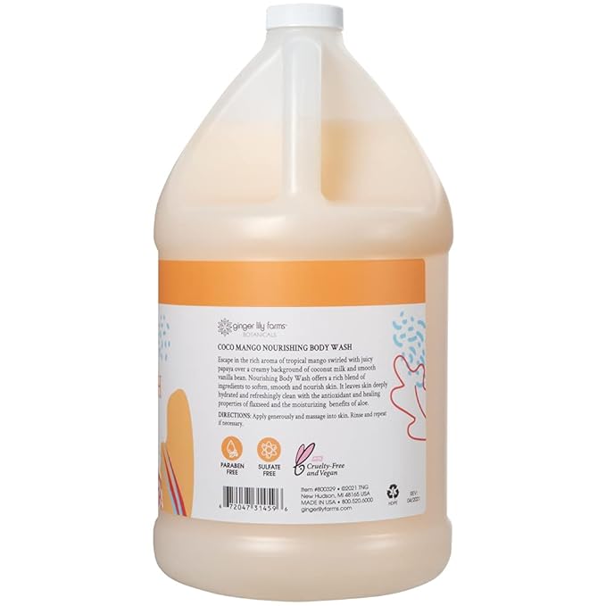 Ginger Lily Farms Botanicals Nourishing Body Wash, 100% Vegan & Cruelty-Free, Coconut Mango Scent, 1 Gallon Refill 128 Ounce (Pack of 4)