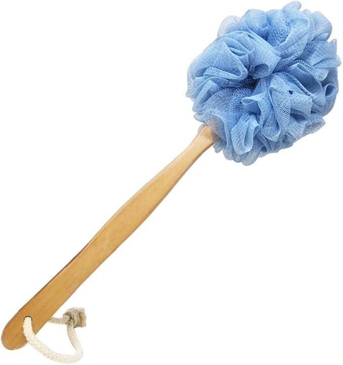 RASDDER White Loofah with Handle - Back Scrubber for Shower, Exfoliating Body Sponge with Soft PE Mesh and Wood Stick, Clean Look Bath Accessory for Men and Women