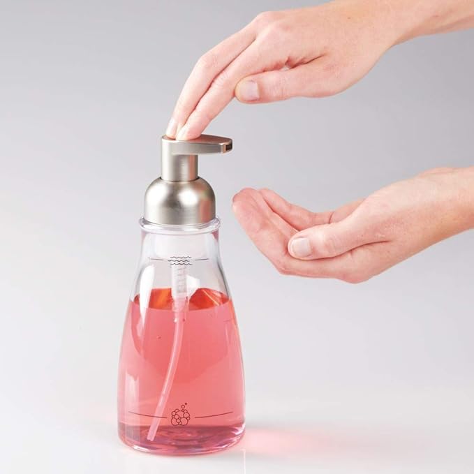 iDesign Foaming Soap Dispenser for Kitchen, Bathroom, Sink, Vanity, 3" x 3" x 7.5", Clear and Brushed Nickel