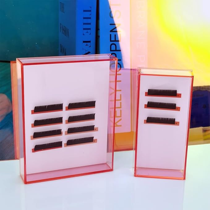 Grafting False Eyelash Acrylic Extension Pallet Organizer, Eyelash Extension Glue Tweezers Plate Makeup Palette, Dustproof Storage Box Display Training Tools Salon (Transparent Pink L)