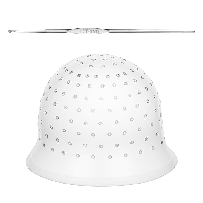 LIQWEI Punched Silicone Highlight Hair Cap with Needle, Professional Reusable Highlighting Poked Hole Caps with Hooks for Color Hair Salon Hairdressing Dyeing Staining Tools for Women Men
