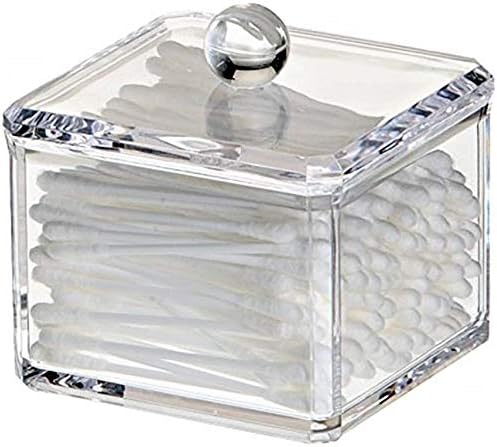 KW Collection Square Acrylic Cotton Ball Pads Gauze Swab Holder Organizer Q-tip Dispenser Storage Canister Bathroom Container Flossers Box Case (3.5 x 3.5 x 3 inches, Single Tier, Transparent)