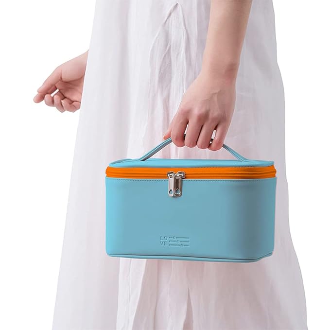 Meiyuuo Travel Makeup Bag for Women, PU Leather Cosmetic Bag, Cyan Blue
