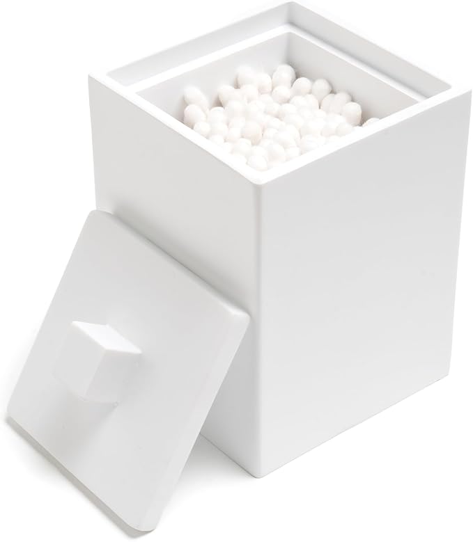 Joitsvia Bathroom Qtip Holder, Resin Cotton Swab Holder with Lid Qtip Holder Dispenser for Cotton Ball Bath Salts Storage Christmas Birthday Anniversary, Matte White